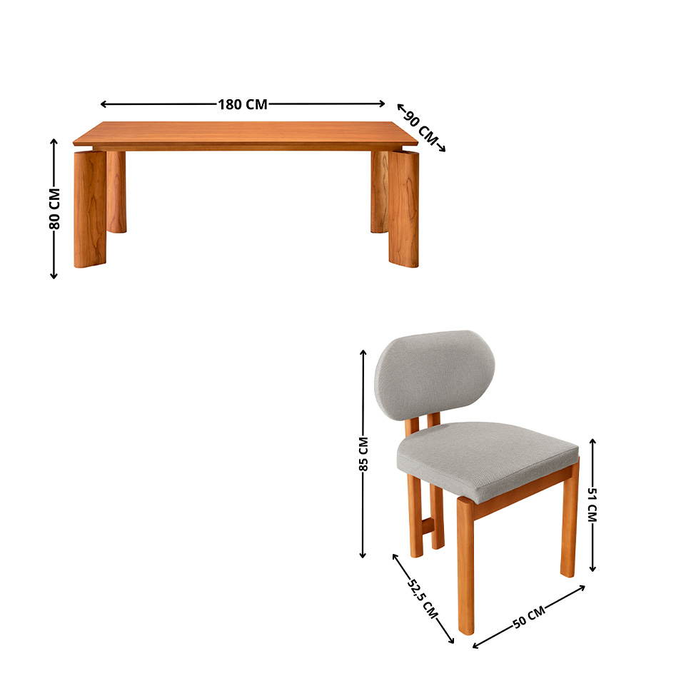 Mesa de Jantar Retangular com Tampo Laminado e 6 Cadeiras Aimê Linho Cinza Claro e Imbuia Natural