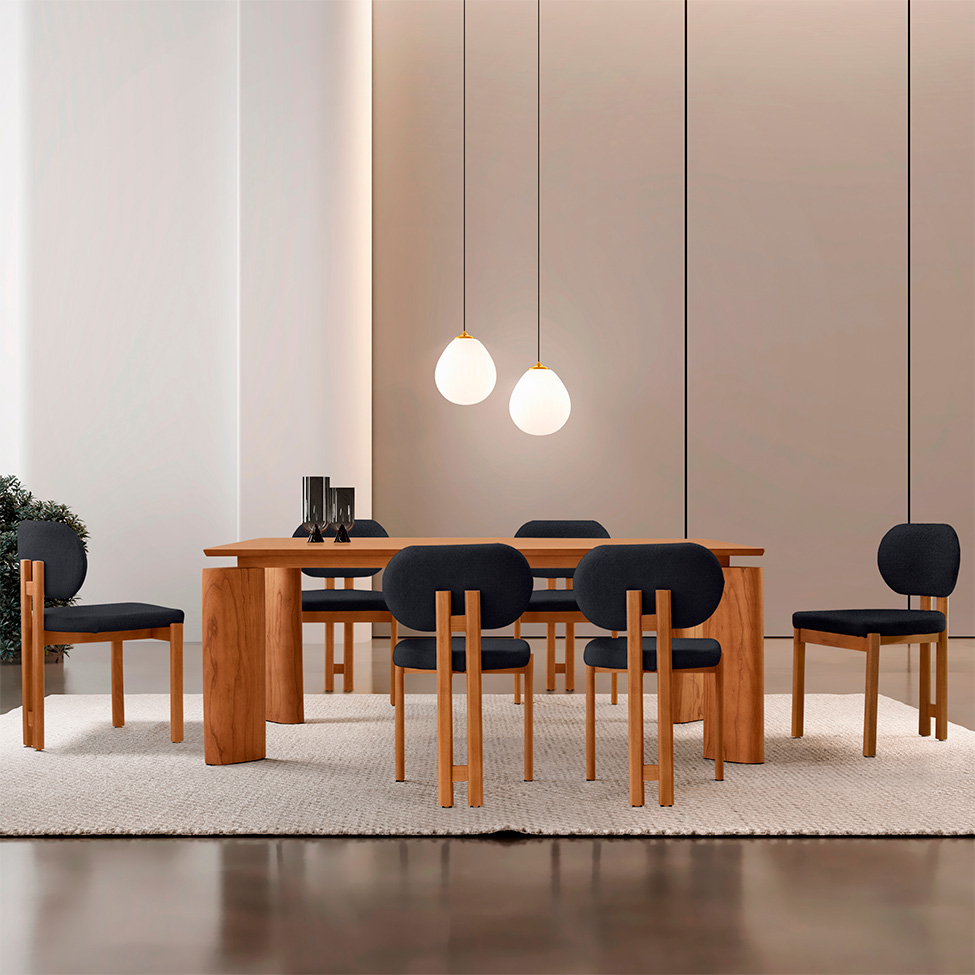 Mesa de Jantar Retangular com Tampo Laminado e 6 Cadeiras Aimê Linho Preto e Imbuia Natural