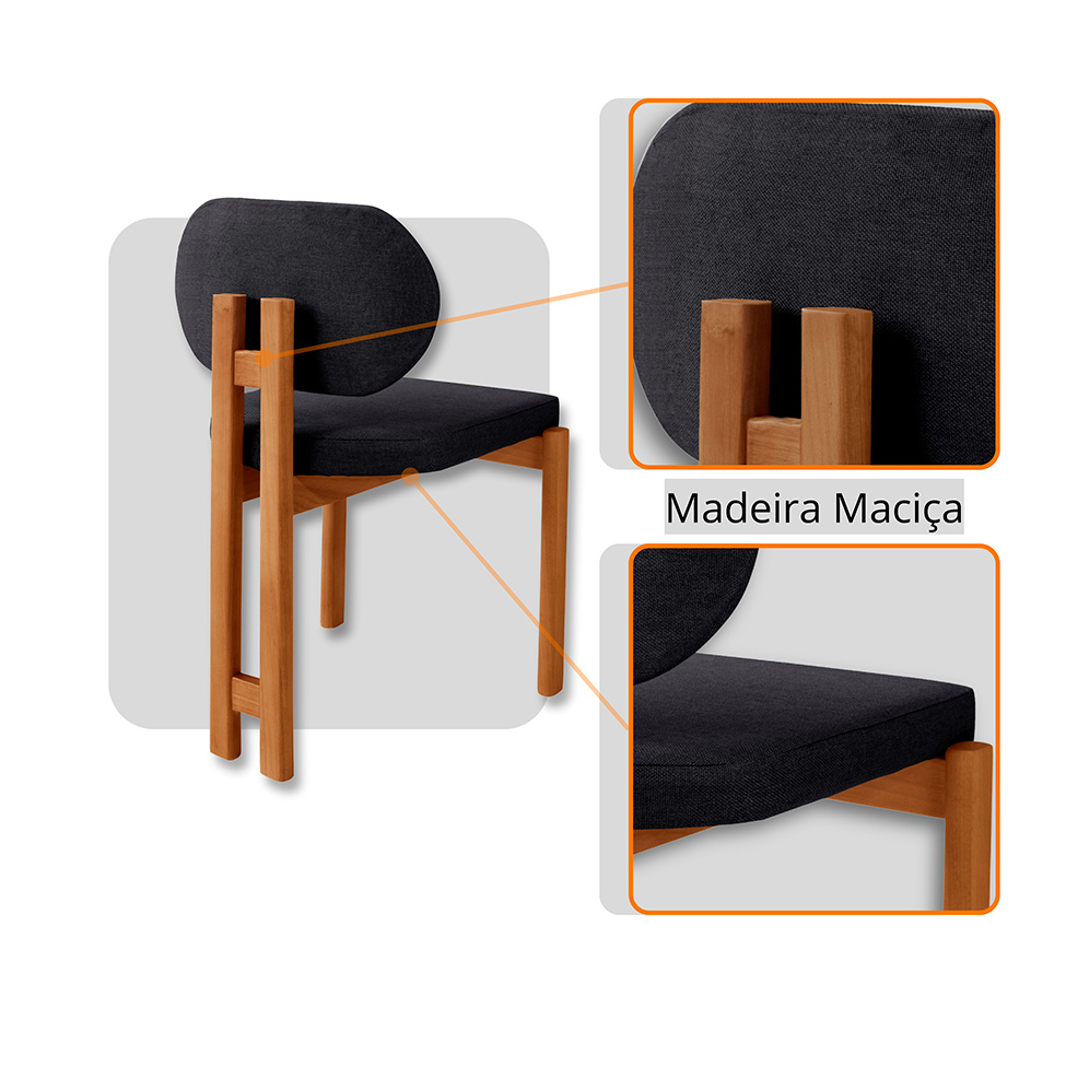 Mesa de Jantar Retangular com Tampo Laminado e 6 Cadeiras Aimê Linho Preto e Imbuia Natural