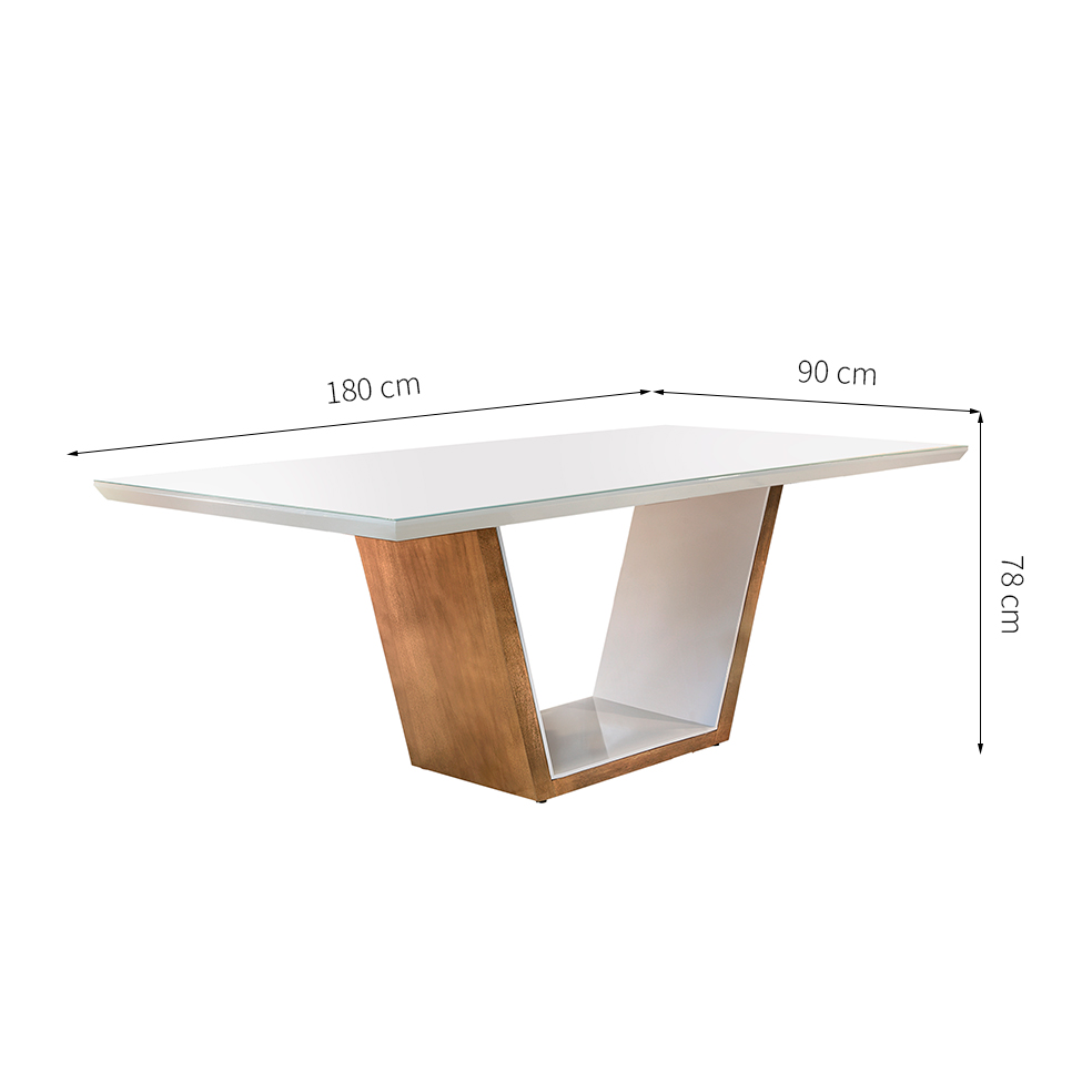 Mesa de Jantar Retangular com Tampo de Vidro Luna Off White e Imbuia 180 cm