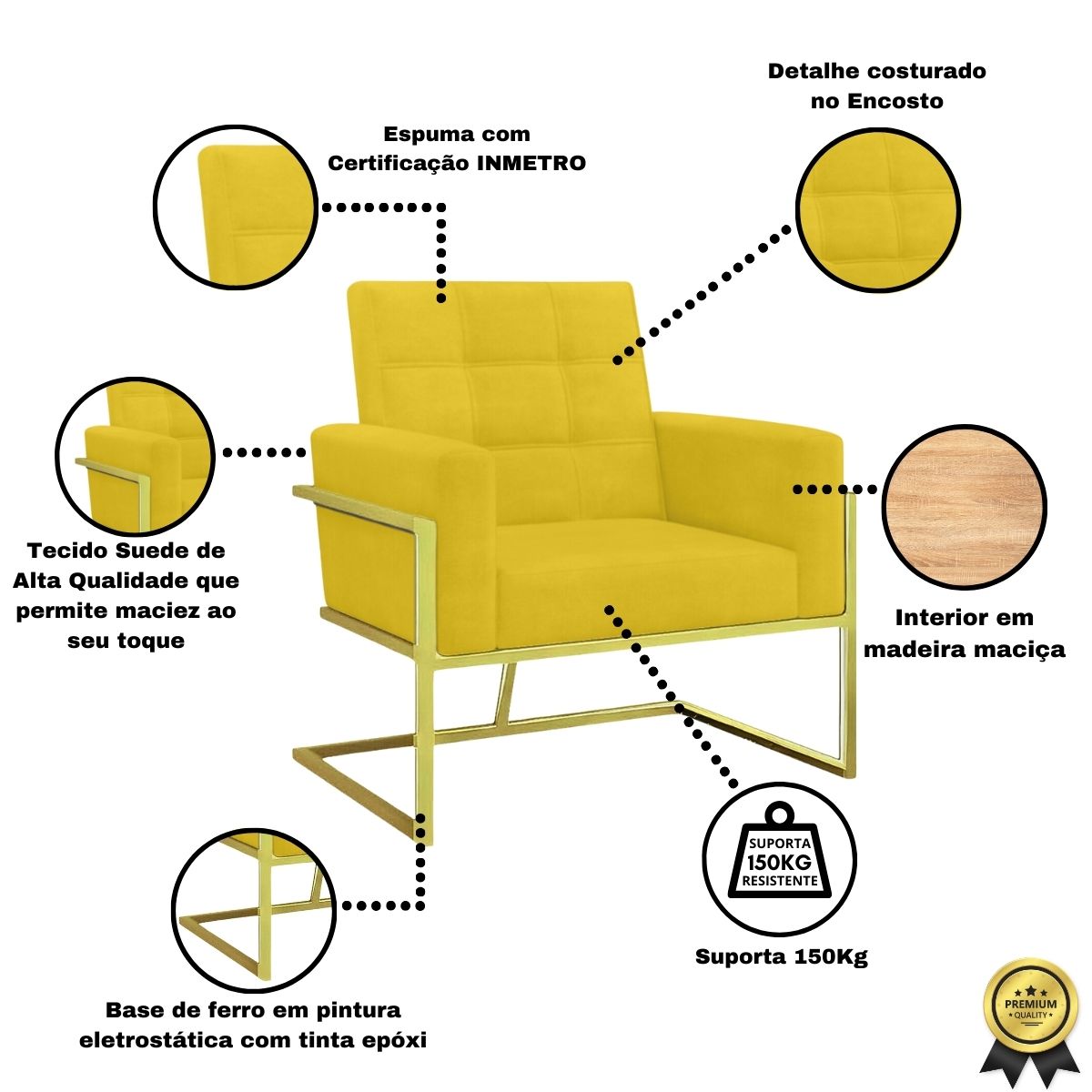 2 Poltronas com Base de Ferro Dourada Reforçada para Recepção MOBLAN decor