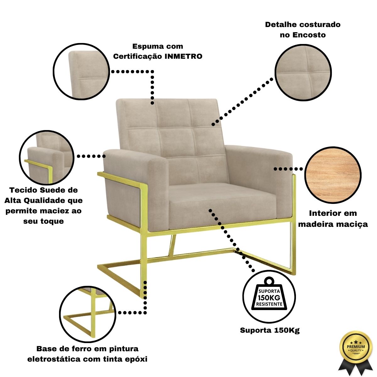 2 Poltronas com Base de Ferro Dourada Reforçada para Recepção MOBLAN decor