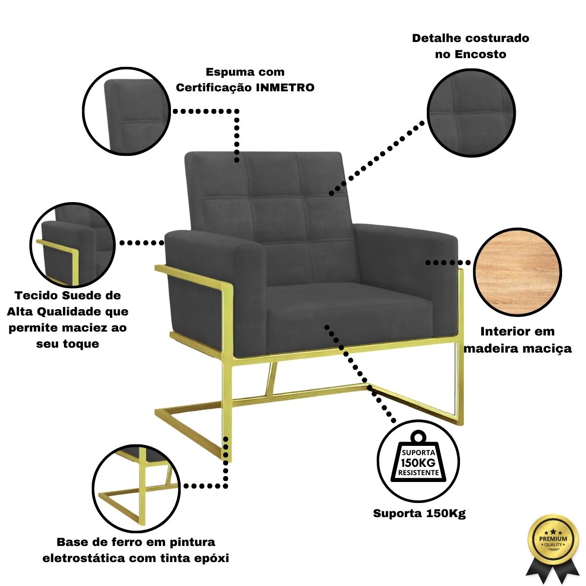 2 Poltronas com Base de Ferro Dourada Reforçada para Recepção MOBLAN decor