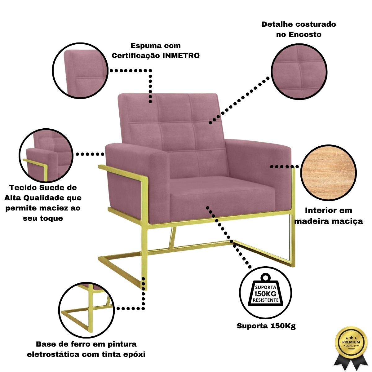 2 Poltronas com Base de Ferro Dourada Reforçada para Recepção MOBLAN decor