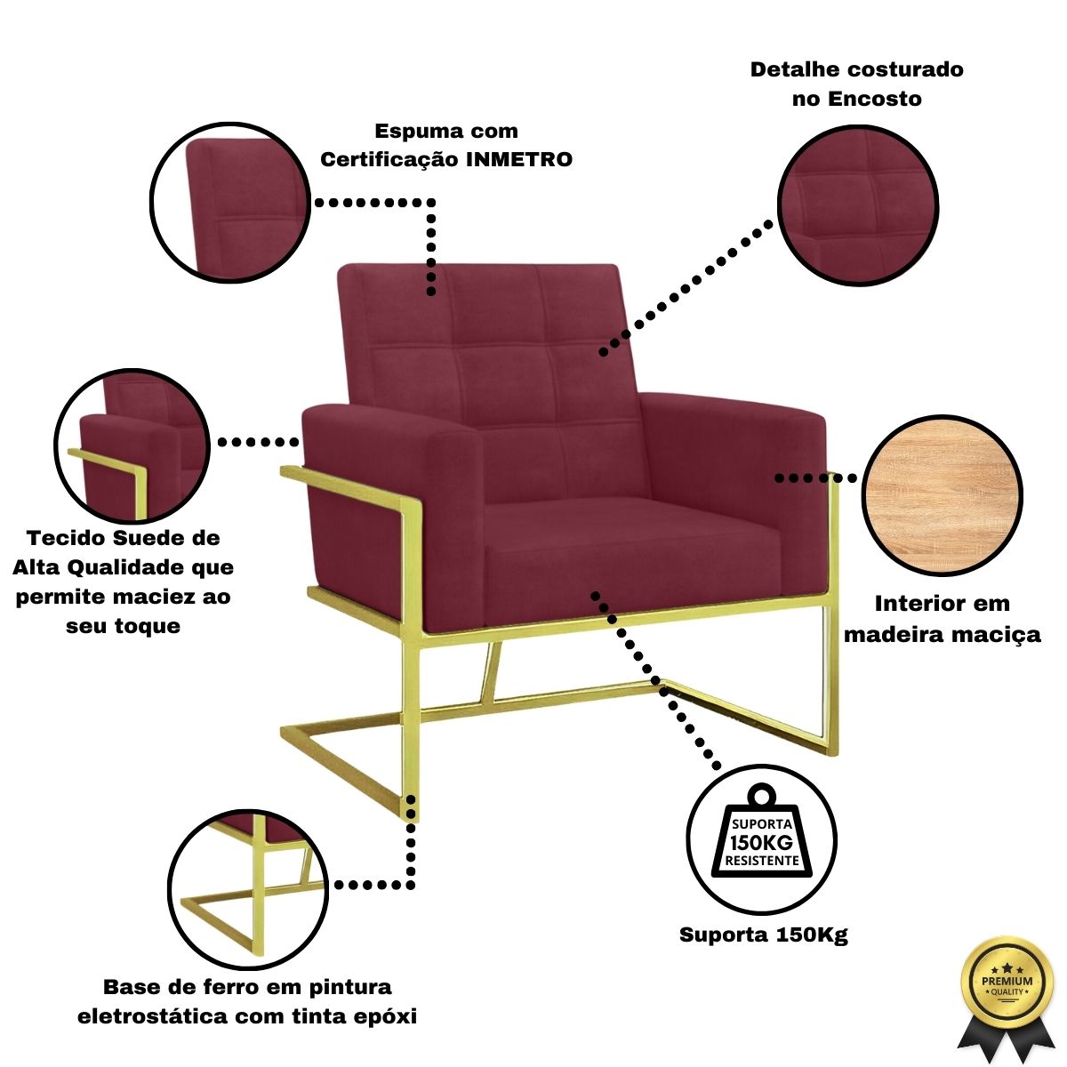 2 Poltronas com Base de Ferro Dourada Reforçada para Recepção MOBLAN decor