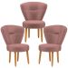 Conjunto 3 Poltronas Estofadas para Sala de Jantar Cozinha Recepção Pés de Madeira Tecido Veludo
