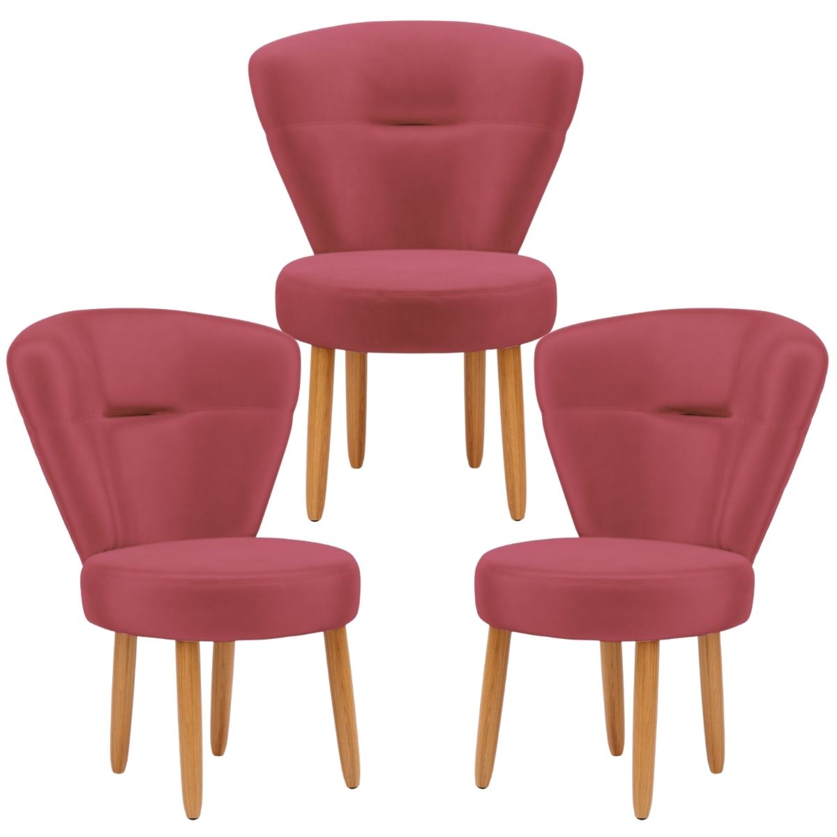 Conjunto 3 Poltronas Estofadas para Sala de Jantar Cozinha Recepção Pés de Madeira Tecido Veludo