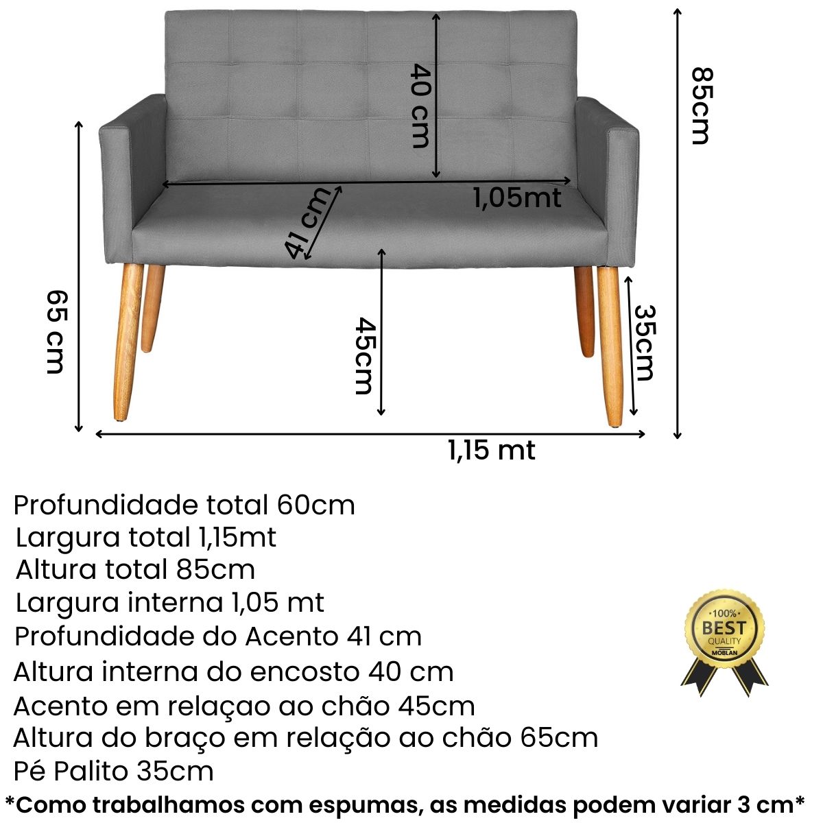 Jogo Sofá 2 Lugares com 2 Poltronas para Recepção Resistente MOBLAN decor