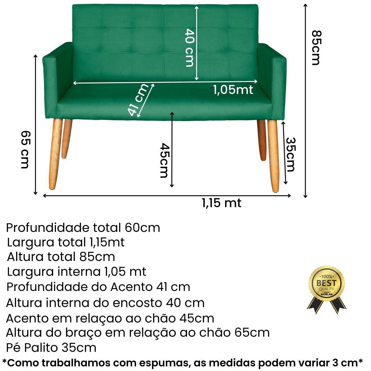 Jogo Sofá 2 Lugares com 2 Poltronas para Recepção Resistente MOBLAN decor