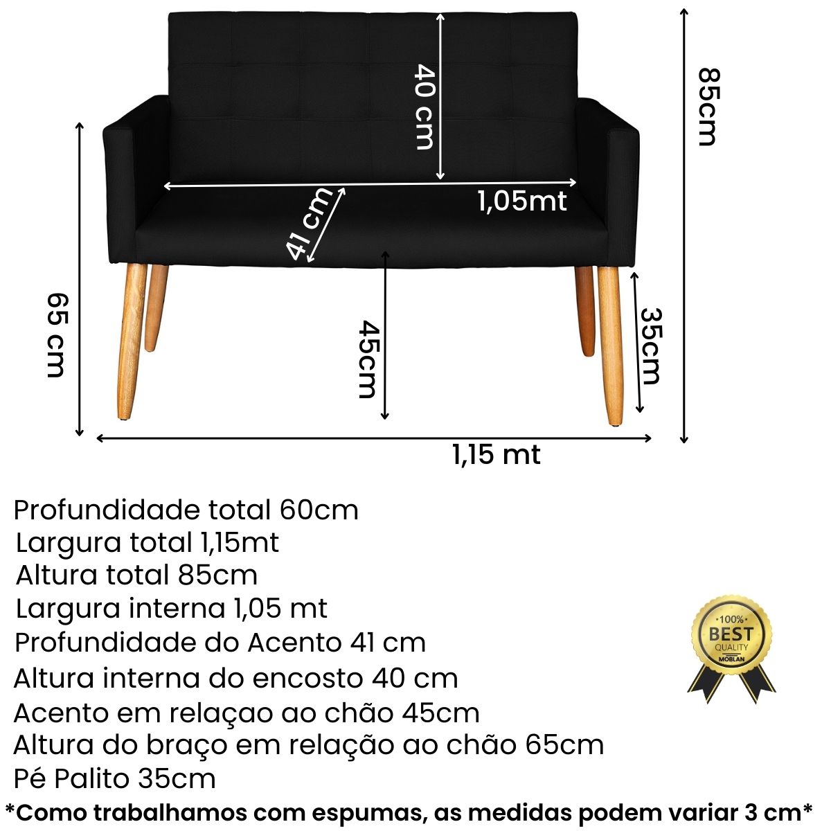 Jogo Sofá 2 Lugares com 2 Poltronas para Recepção Resistente MOBLAN decor
