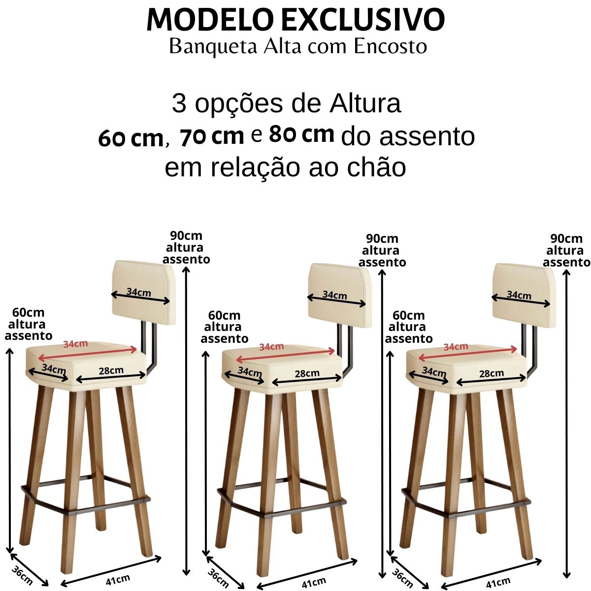 Kit 4 Banquetas Alta com Encosto para Cozinha Balcão MOBLAN decor