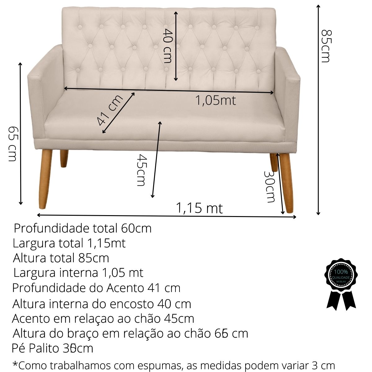 Kit Conforto Sala 1 Sofá Namoradeira 2 Poltronas 1 Puff Luxo MOBLAN decor