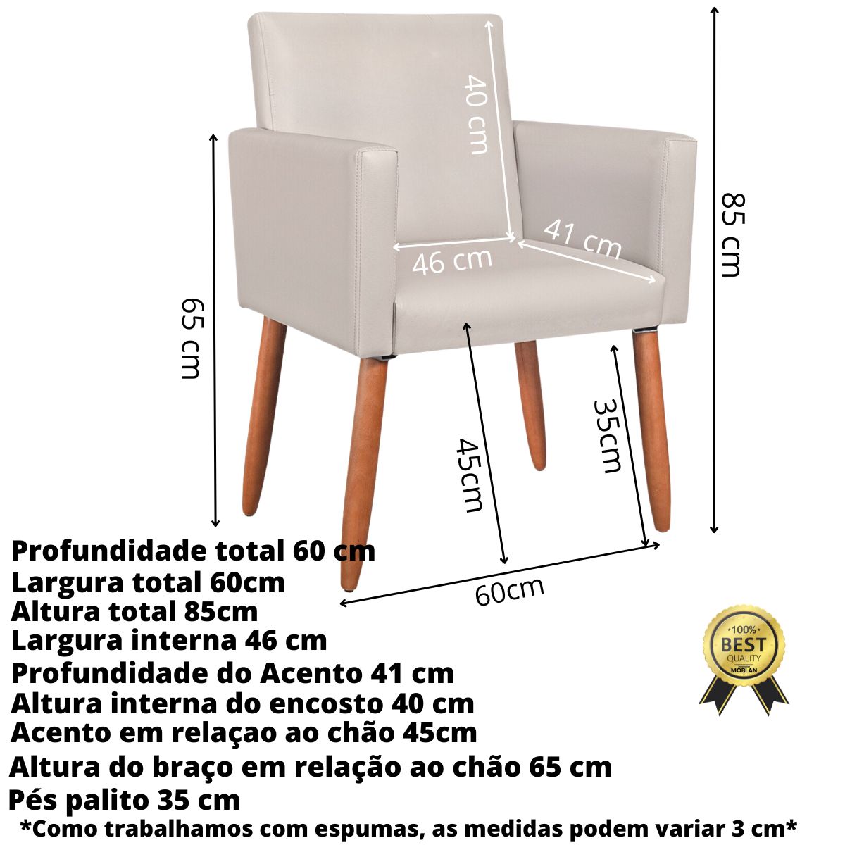 Poltrona Resistente para Recepção Confortável Corino Escritório MOBLAN decor