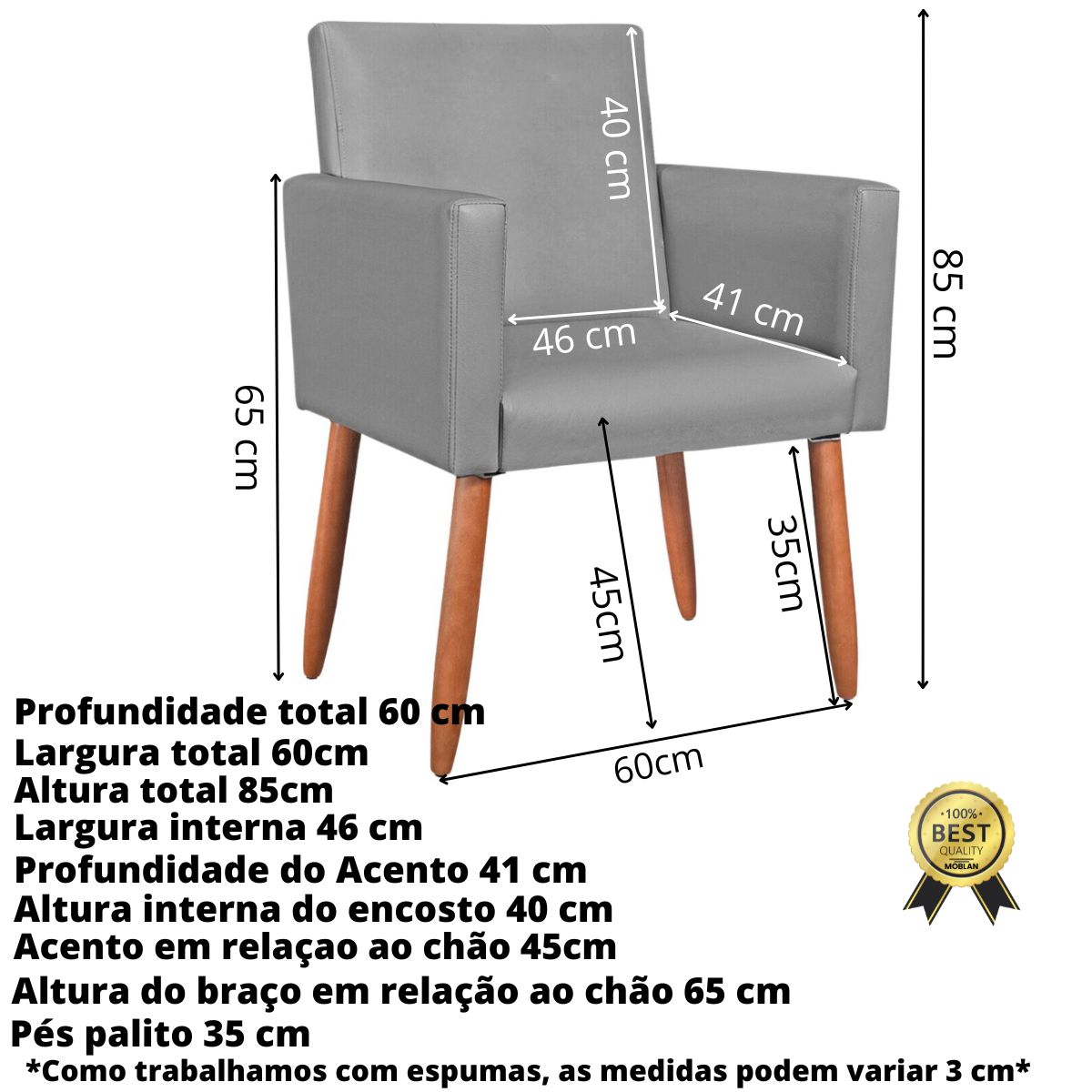 Poltrona Resistente para Recepção Confortável Corino Escritório MOBLAN decor