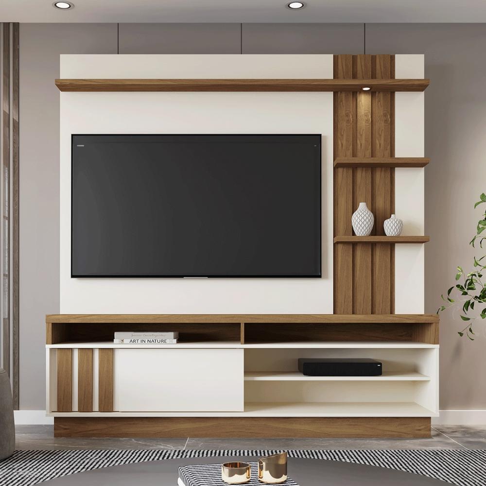 Home Mariana com LED e 1 Porta Ripada para TV até 55” Off White/Amendoa