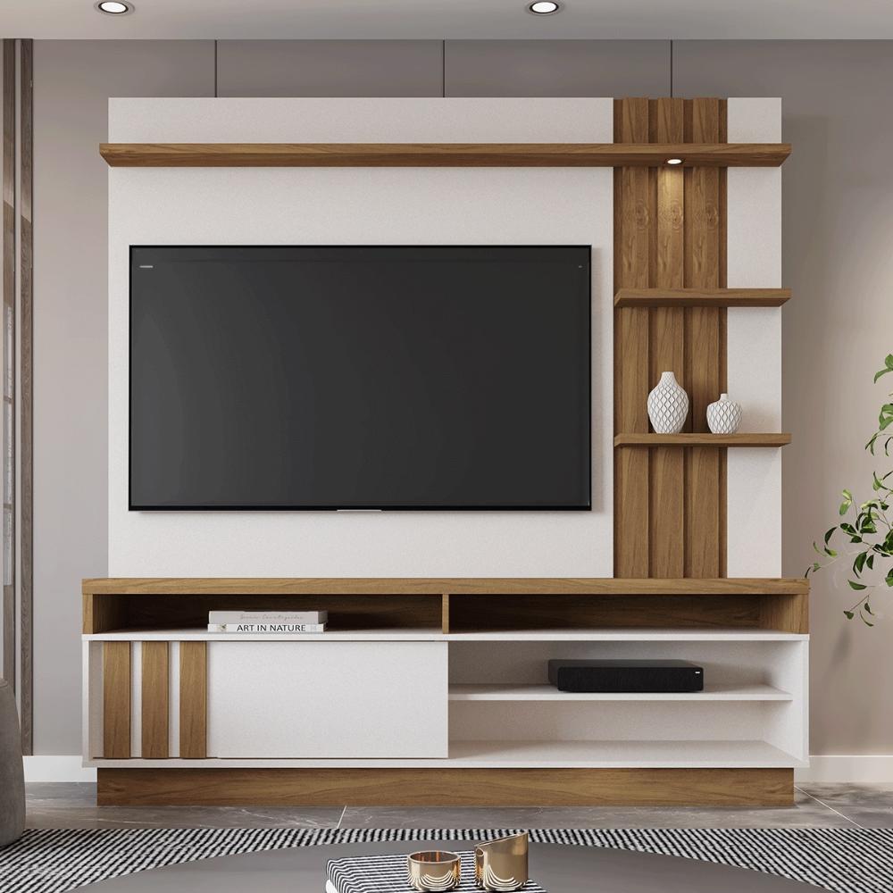 Home Mariana com LED e 1 Porta Ripada para TV até 55” Perola Metalizado/Amendoa