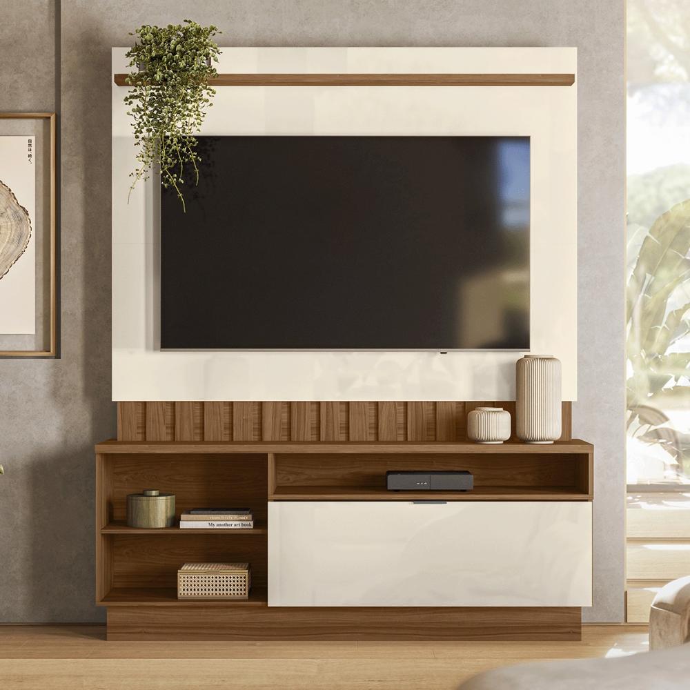 Home Painel Diamantina para TV até 60” Polegadas com 1 Porta Amendoa/Perola Metalizado
