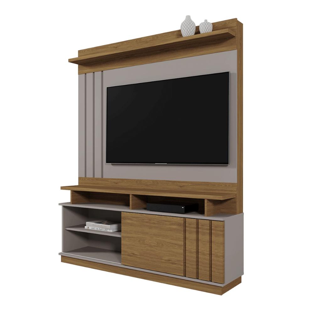 Home Painel Goiás com Porta Ripada para TV até 55” Polegadas Grigio Fosco/Amendoa