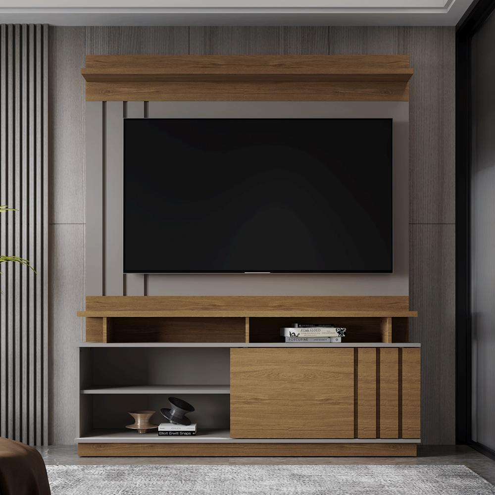 Home Painel Goiás com Porta Ripada para TV até 55” Polegadas Grigio Fosco/Amendoa