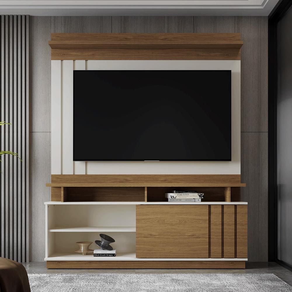 Home Painel Goiás com Porta Ripada para TV até 55” Polegadas Off White/Amendoa
