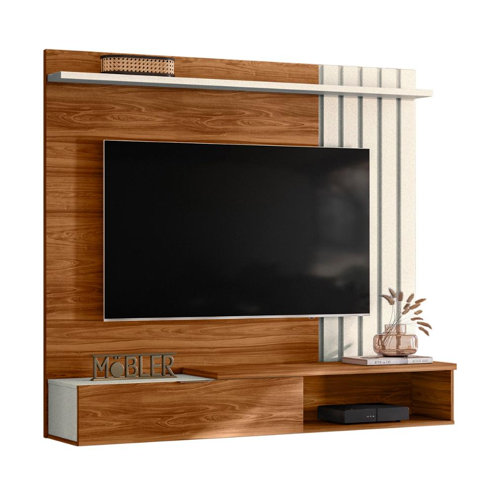 Painel Home Suspenso Vegas 1.6 com Ripado e 1 Porta 160 cm Cinamomo/Perola Metalizado