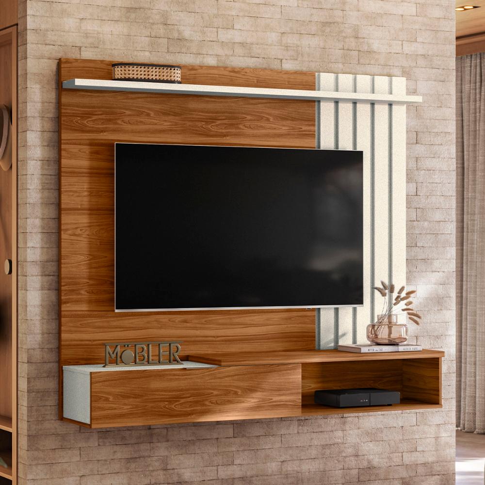 Painel Home Suspenso Vegas 1.6 com Ripado e 1 Porta 160 cm Cinamomo/Perola Metalizado