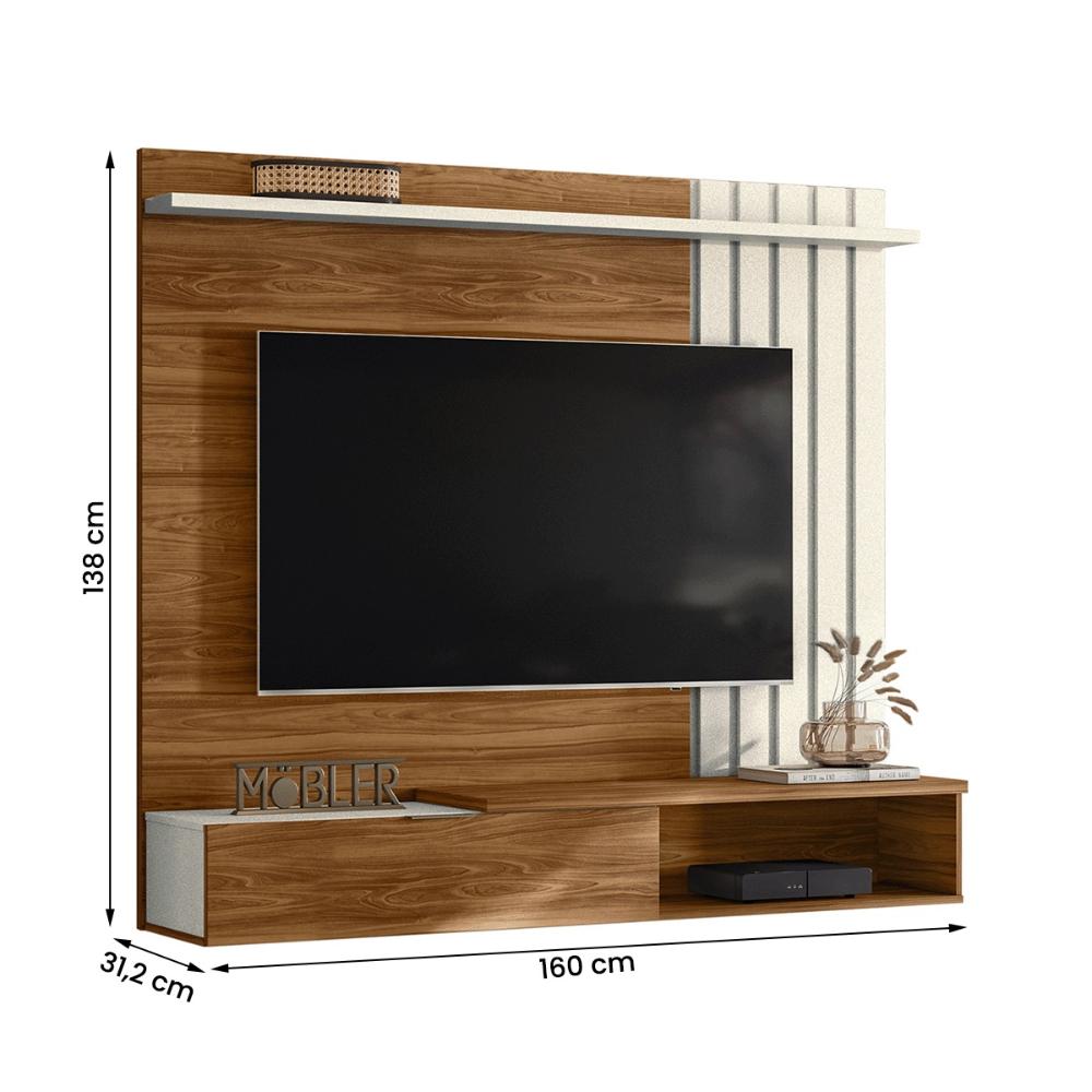 Painel Home Suspenso Vegas 1.6 com Ripado e 1 Porta 160 cm Cinamomo/Perola Metalizado
