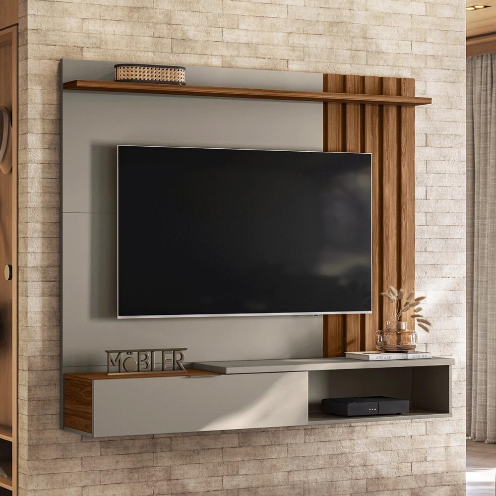 Painel Home Suspenso Vegas 1.6 com Ripado e 1 Porta 160 cm Grigio/Cinamomo