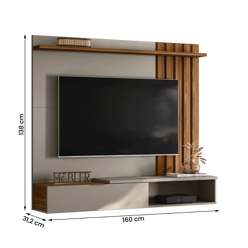 Painel Home Suspenso Vegas 1.6 com Ripado e 1 Porta 160 cm Grigio/Cinamomo