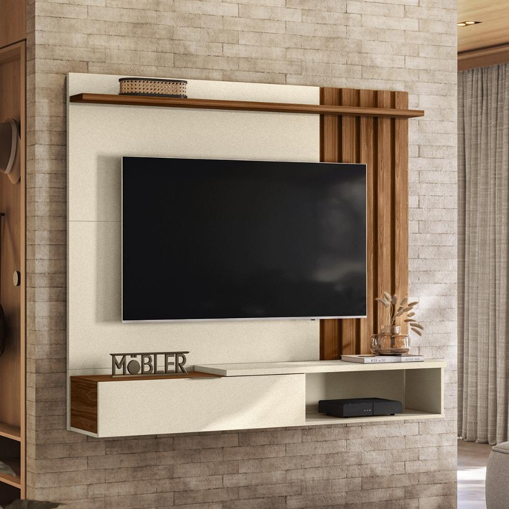 Painel Home Suspenso Vegas 1.6 com Ripado e 1 Porta 160 cm Perola Metalizado/Cinamomo