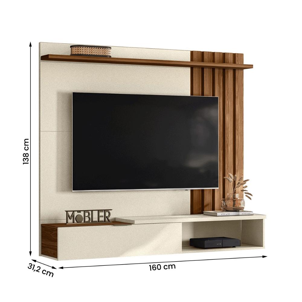 Painel Home Suspenso Vegas 1.6 com Ripado e 1 Porta 160 cm Perola Metalizado/Cinamomo