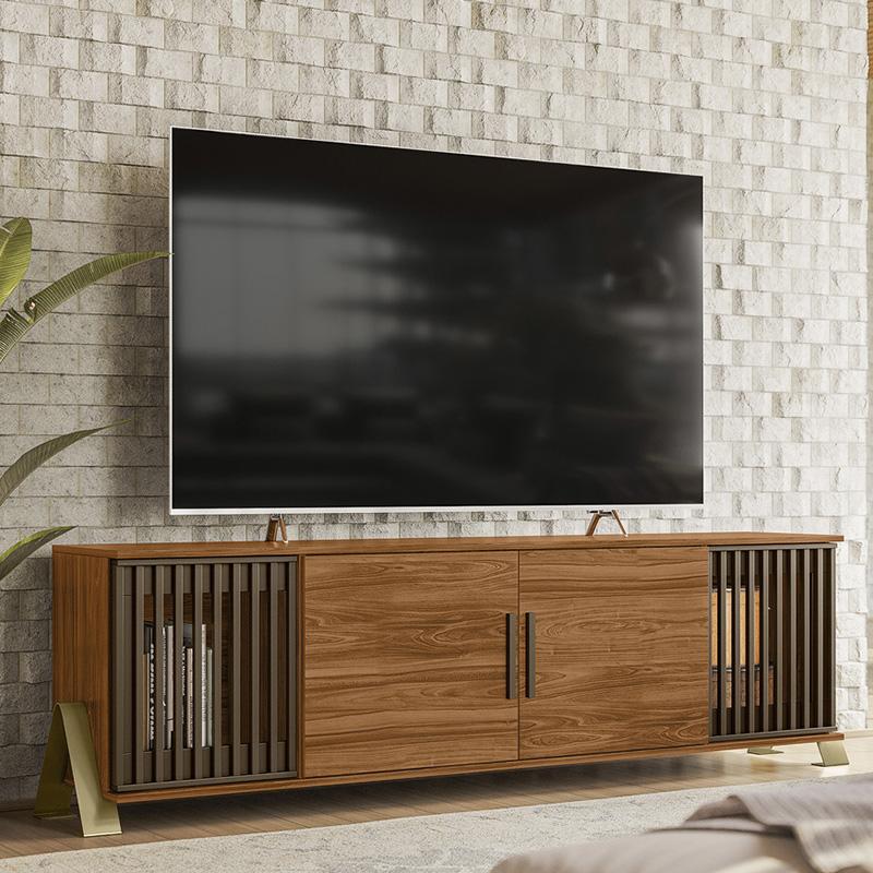Rack Bancada Metallic 1.9 Com Portas Ripadas e Pés de Metal Cinamomo Mel