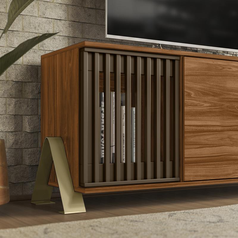 Rack Bancada Metallic 1.9 Com Portas Ripadas e Pés de Metal Cinamomo Mel