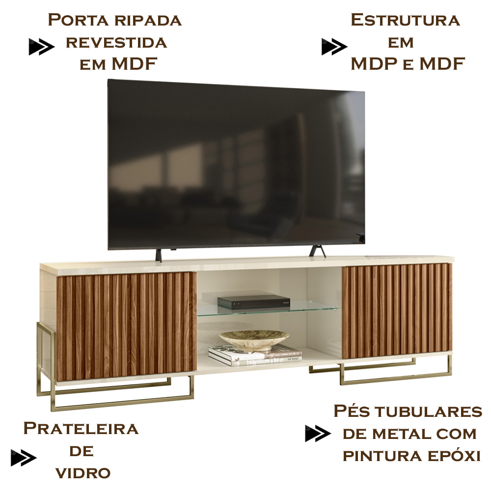 Rack Bancada TV 75 Metha 180 cm Cinamomo Mell Off White MBL