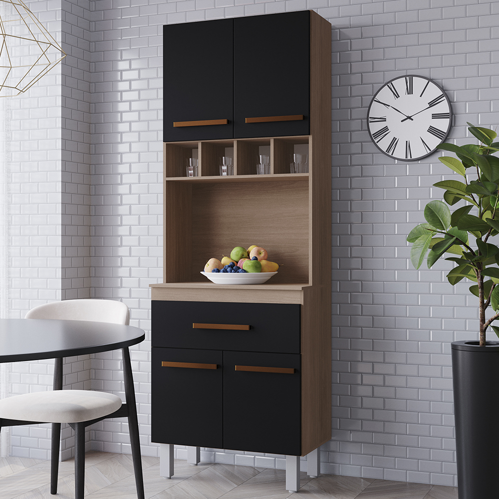 Armario Paneleiro 4P 1G 197x60 cm Vitoria Savana Preto Mobbs