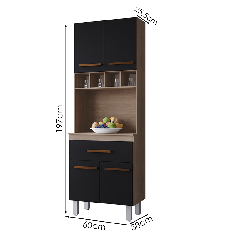 Armario Paneleiro 4P 1G 197x60 cm Vitoria Savana Preto Mobbs