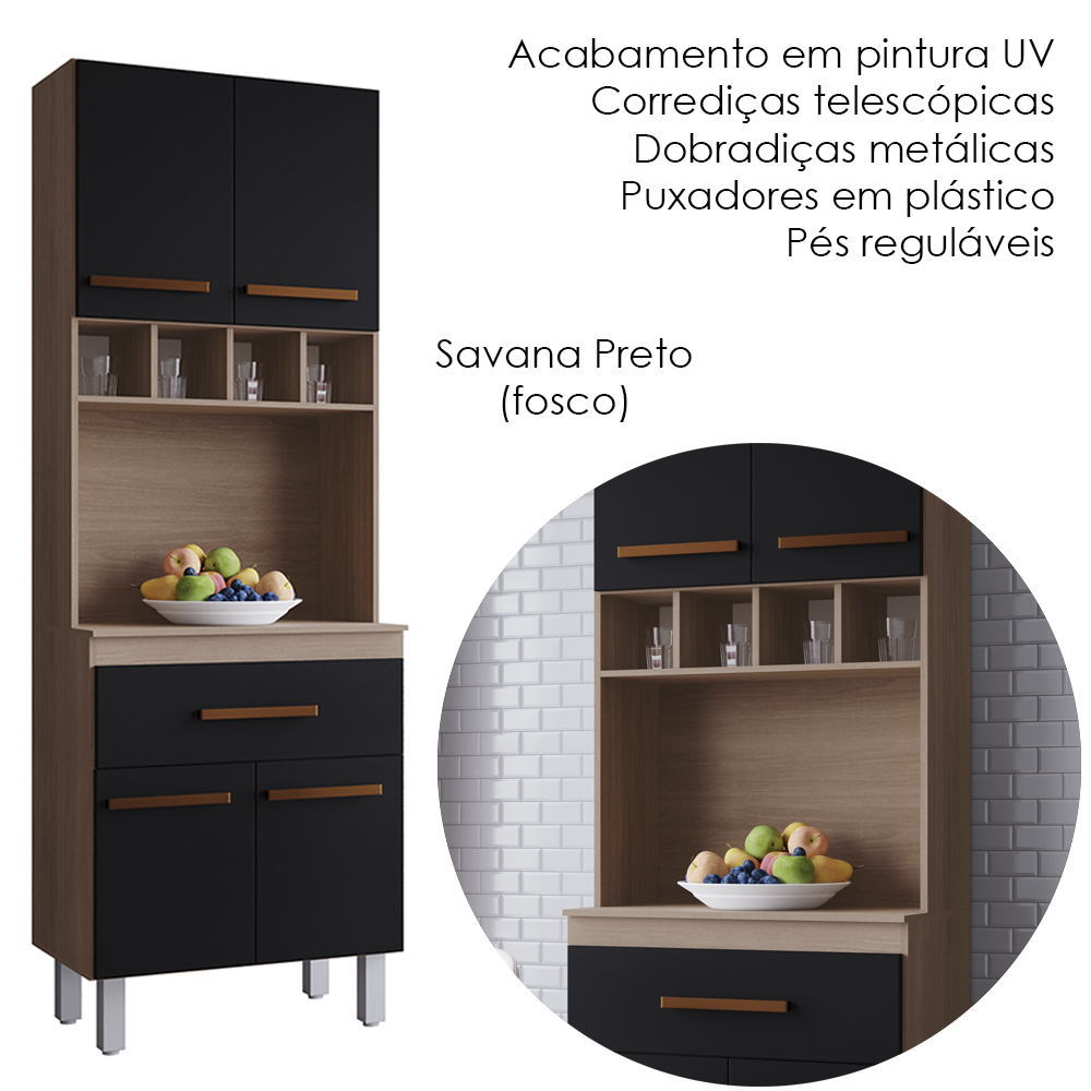 Armario Paneleiro 4P 1G 197x60 cm Vitoria Savana Preto Mobbs