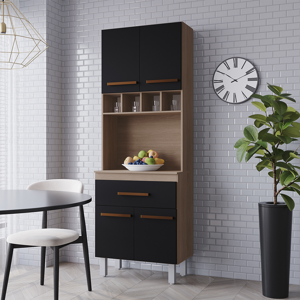 Armario Paneleiro 4P 1G 197x60 cm Vitoria Savana Preto Mobbs