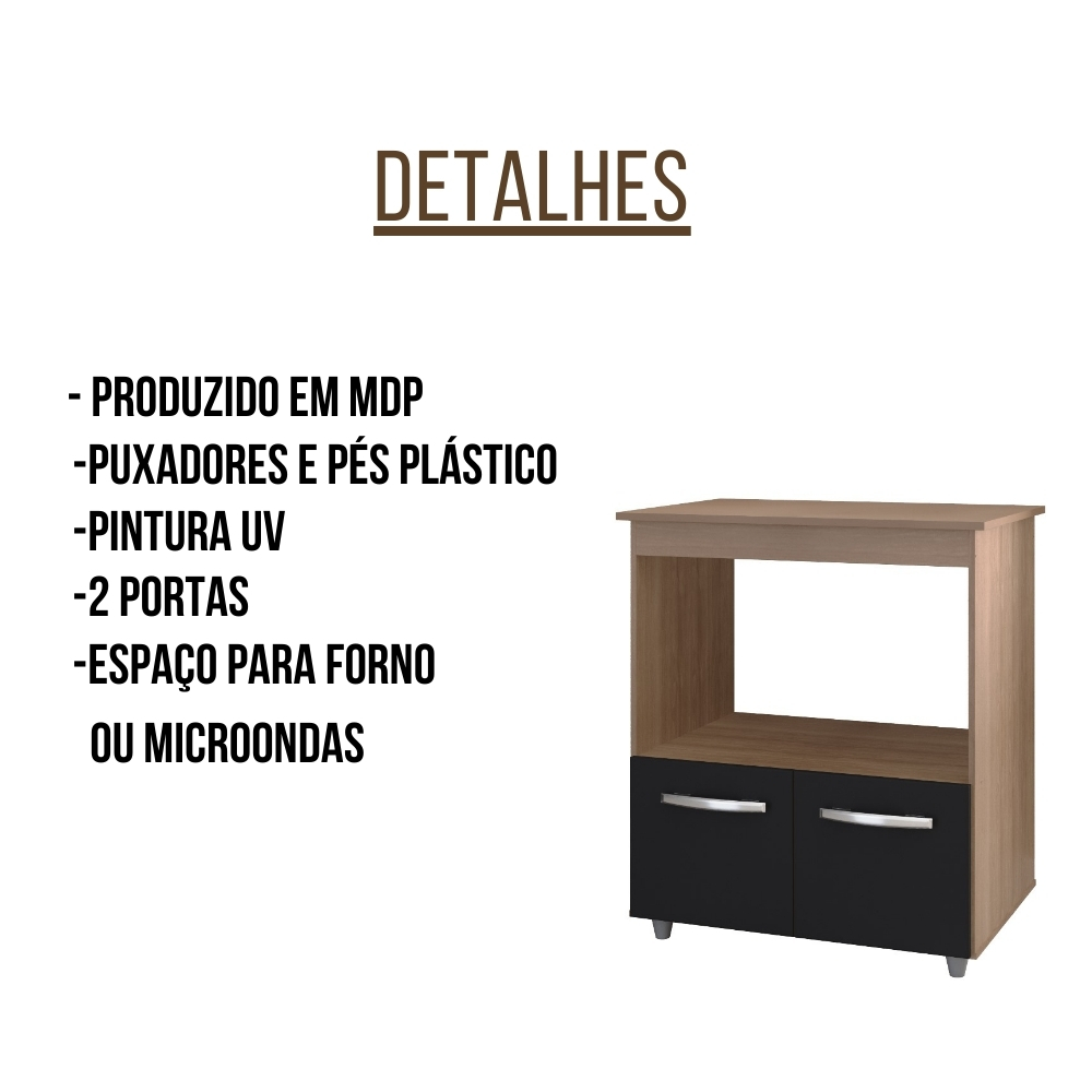 Balcão Multiuso Para Cozinha Angela 2 Portas Savana Preto Moblis