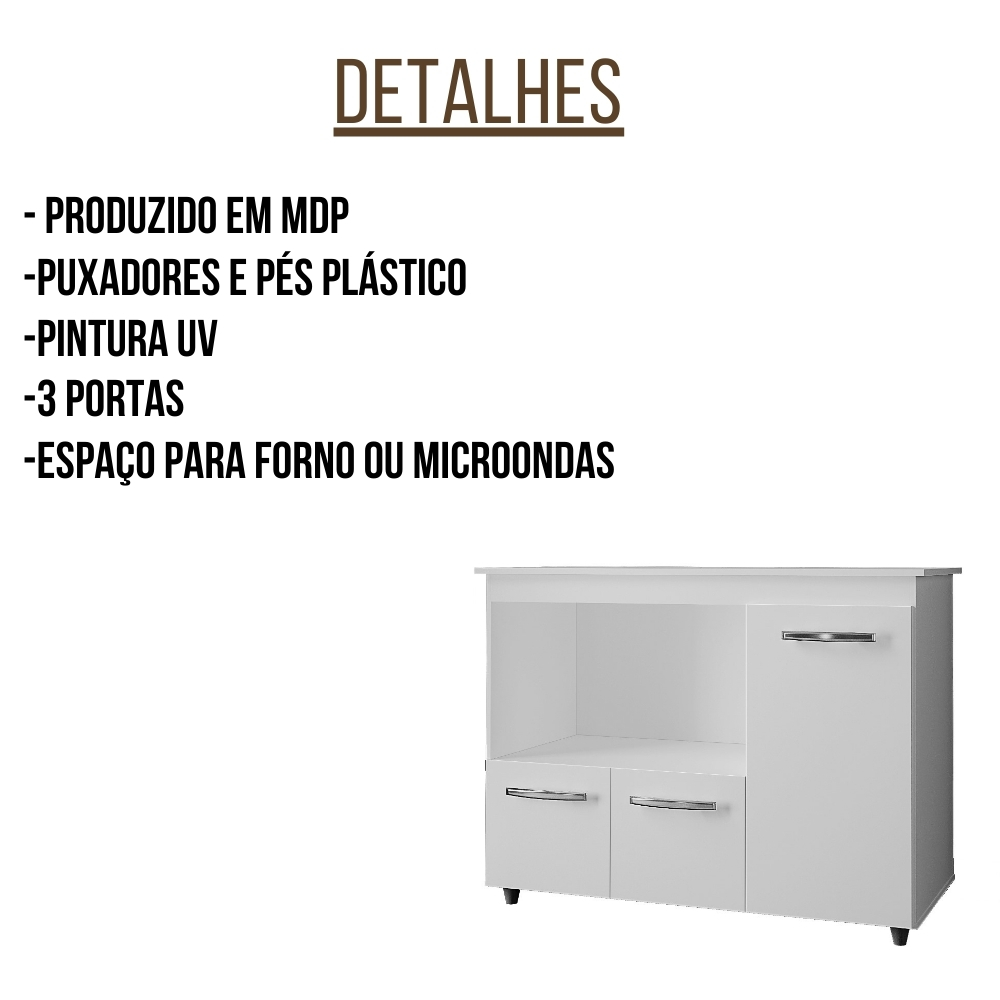 Balcão Multiuso Para Cozinha Liza 3 Portas Branco Moblis
