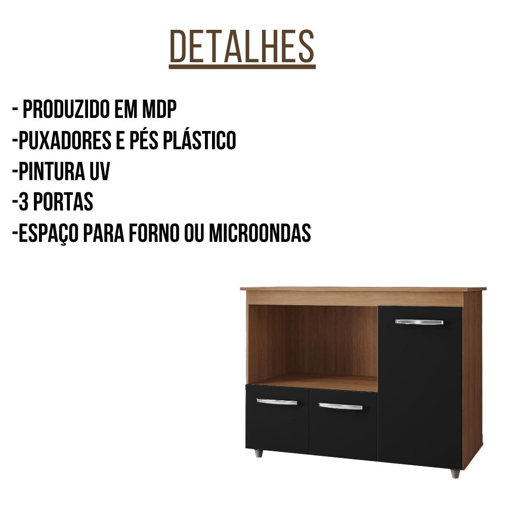 Balcão Multiuso Para Cozinha Liza 3 Portas Savana Preto Moblis