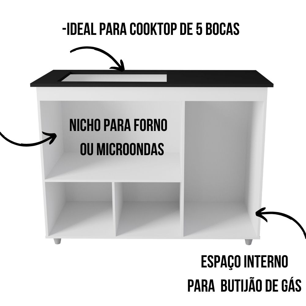 Balcão Para Cooktop Ana 5 Bocas 3 Portas Branco Moblis