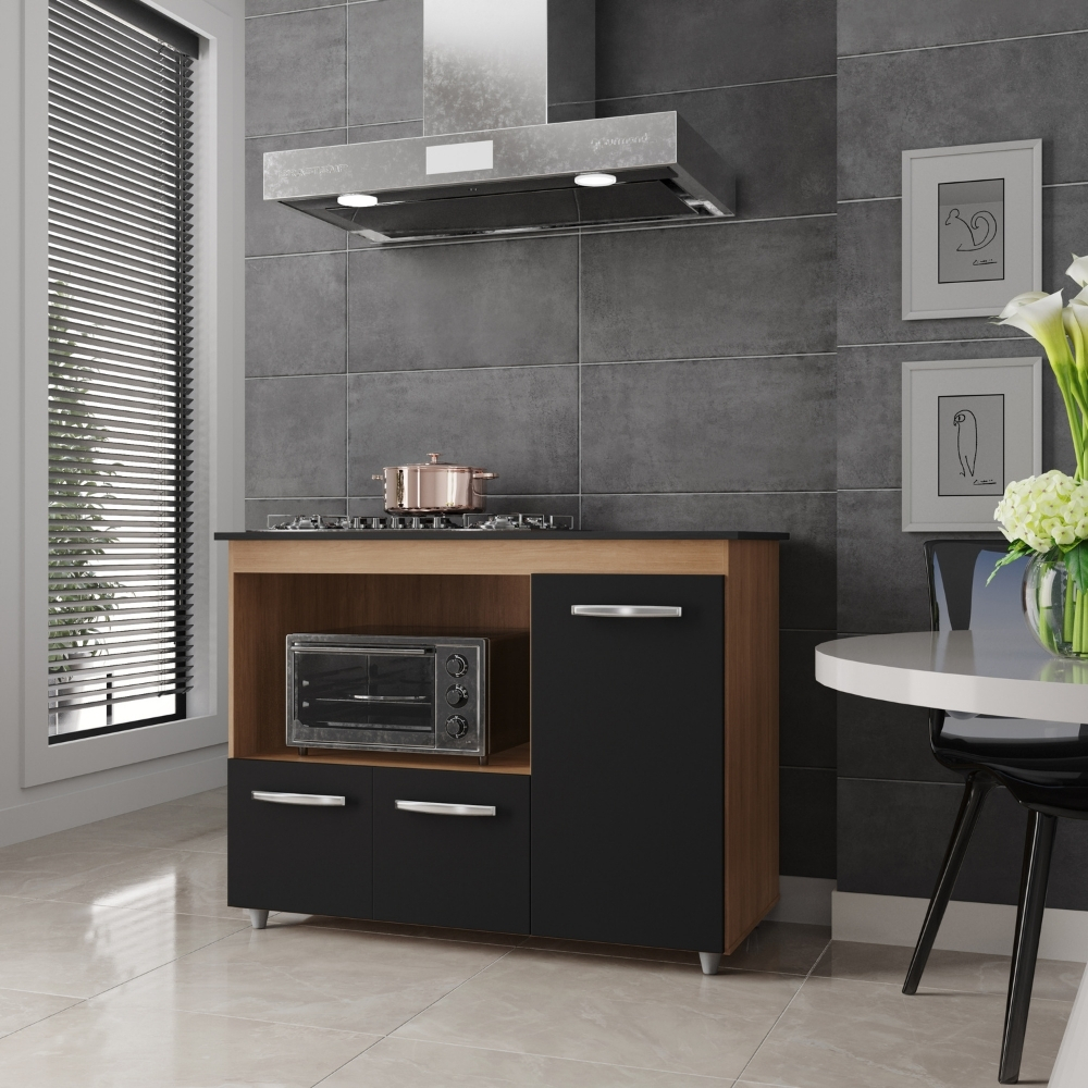 Balcão Para Cooktop Ana 5 Bocas 3 Portas Savana Preto Moblis