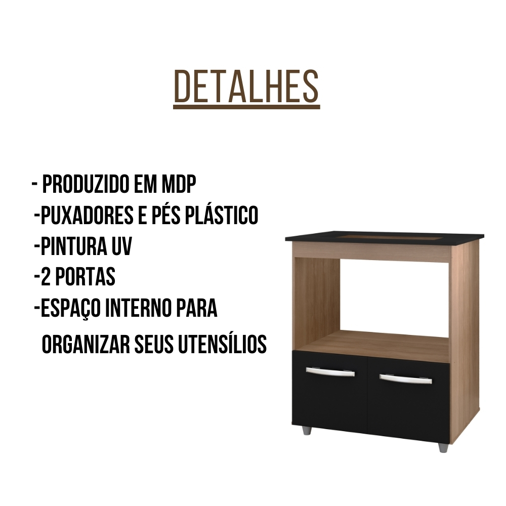Balcão Para Cooktop Elisa 5 Bocas 2 Portas Savana Preto Moblis