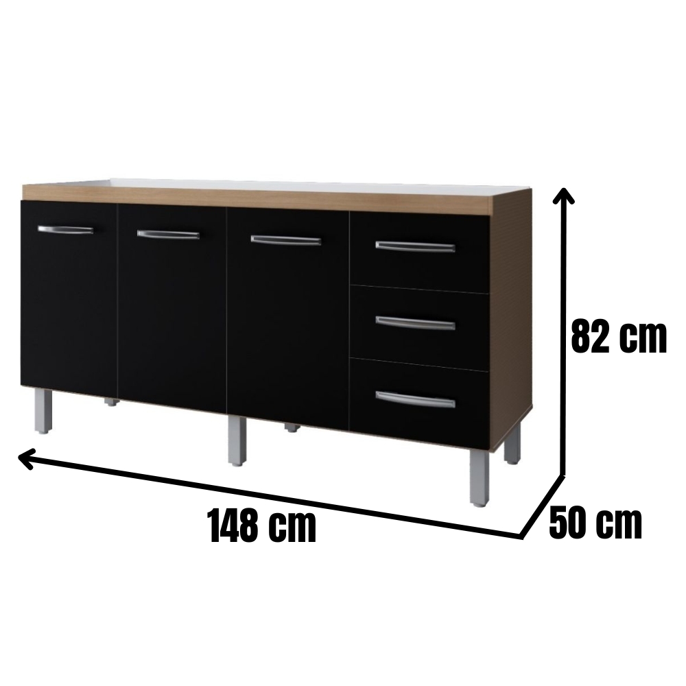 Balcão Para Pia Diana 3 Portas 150 cm Savana Preto Moblis