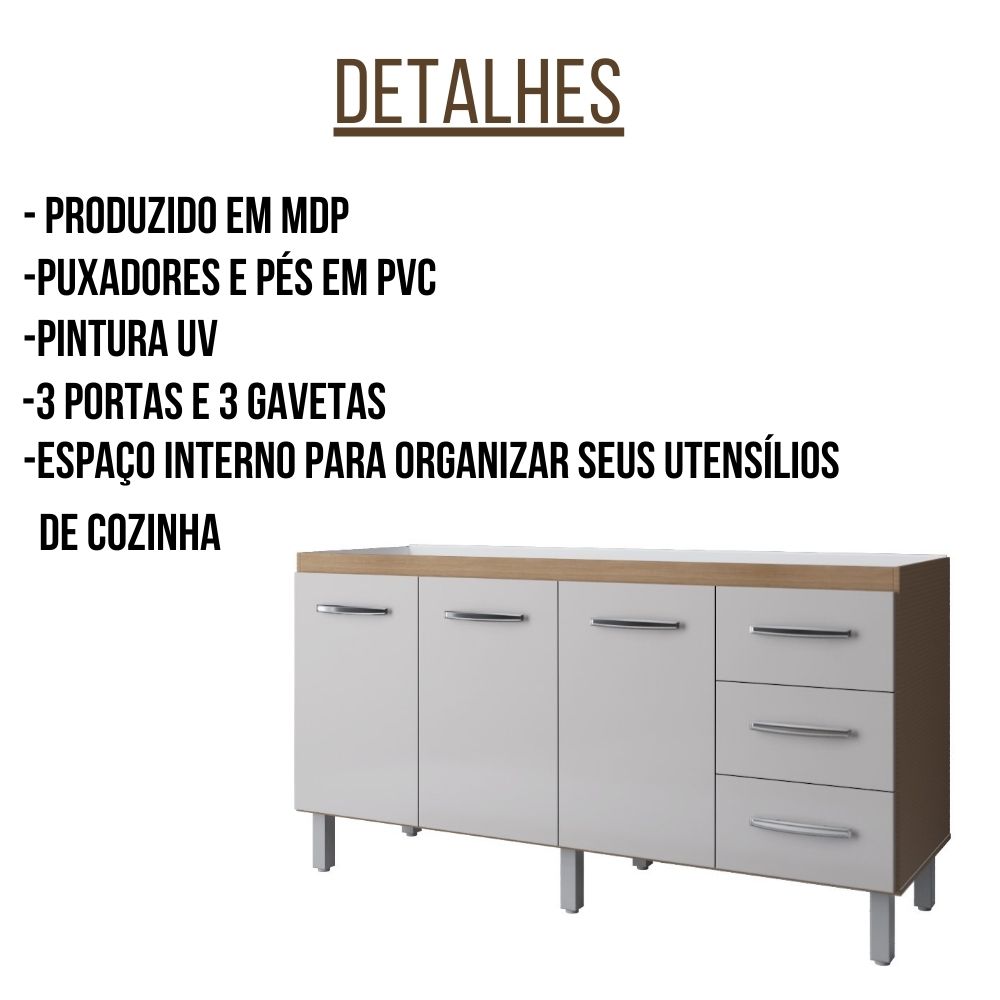 Balcão Para Pia Emily 3 Portas 160 cm Savana Off White Moblis