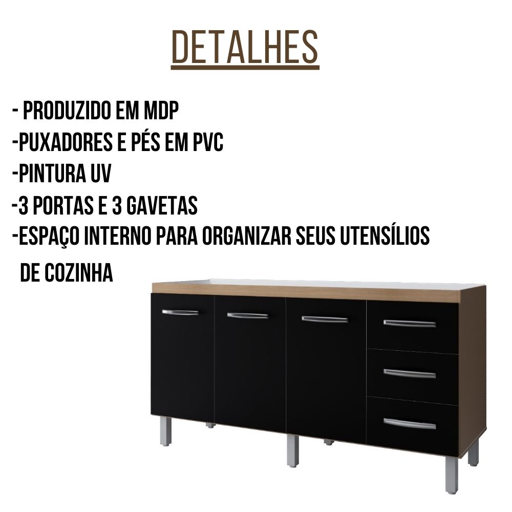 Balcão Para Pia Emily 3 Portas 160 cm Savana Preto Moblis
