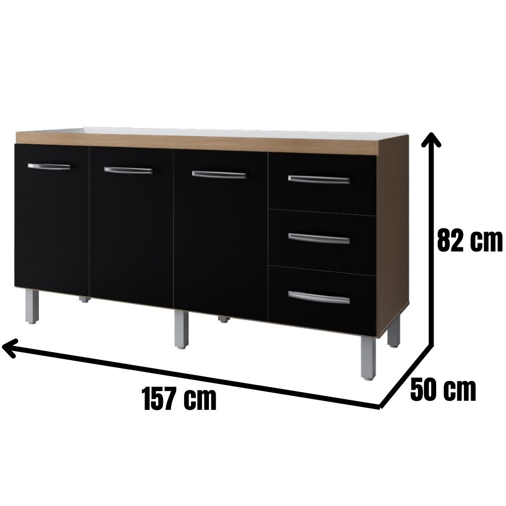 Balcão Para Pia Emily 3 Portas 160 cm Savana Preto Moblis