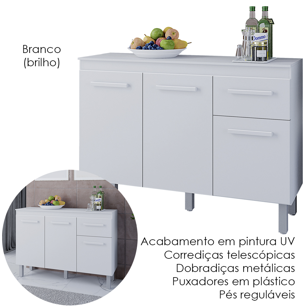 Balcao Com Tampo 3P 1G 120 cm Vitoria Branco Mobbs