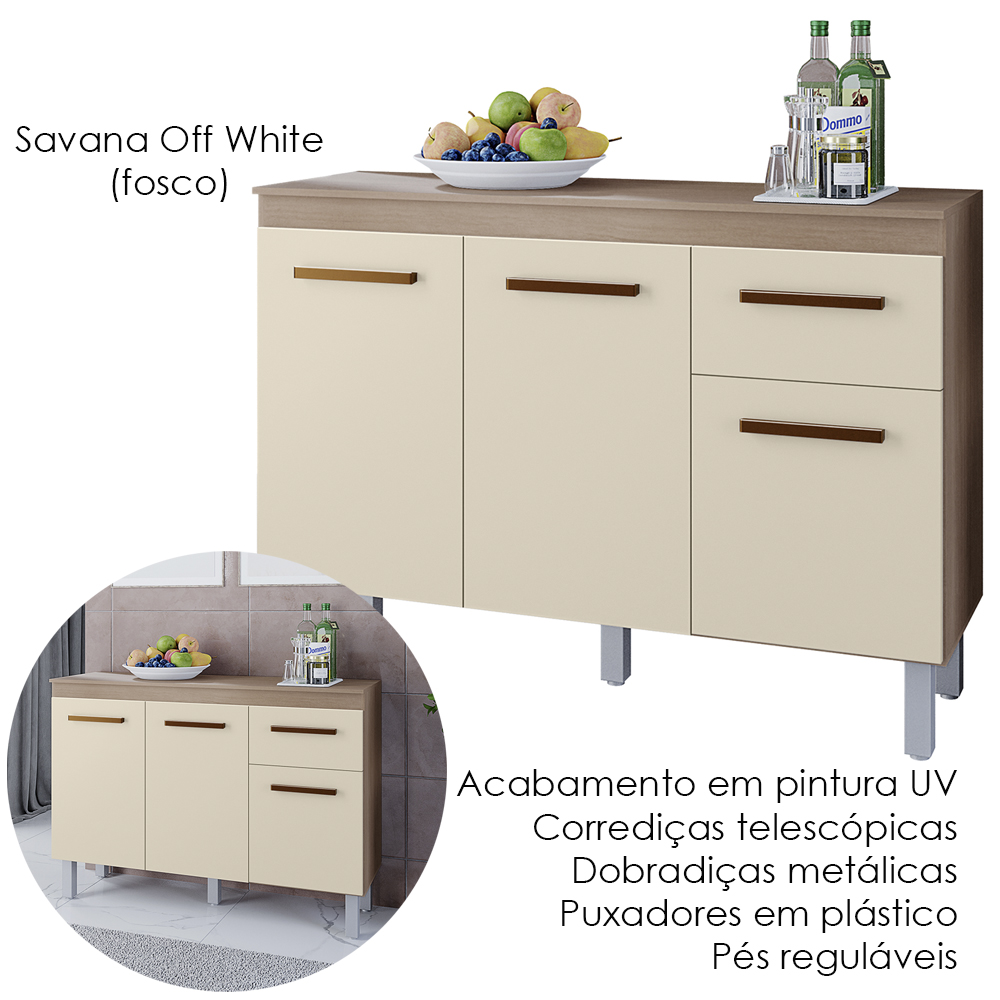 Balcao Com Tampo 3P 1G 120 cm Vitoria Savana Off White Mobbs